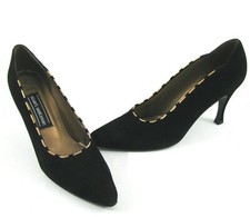Stuart weitzman Black Suede Leather Pumps w/ Gold Chain 8 AA Heels Dressy Shoes