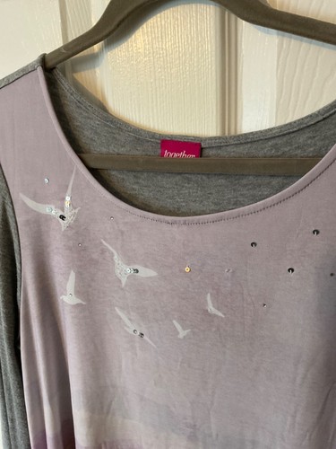 UK 16, GREY,PINK, LILAC tunic, birds,sequins, shark-bite hem, back plain.Unworn - Picture 2 of 3