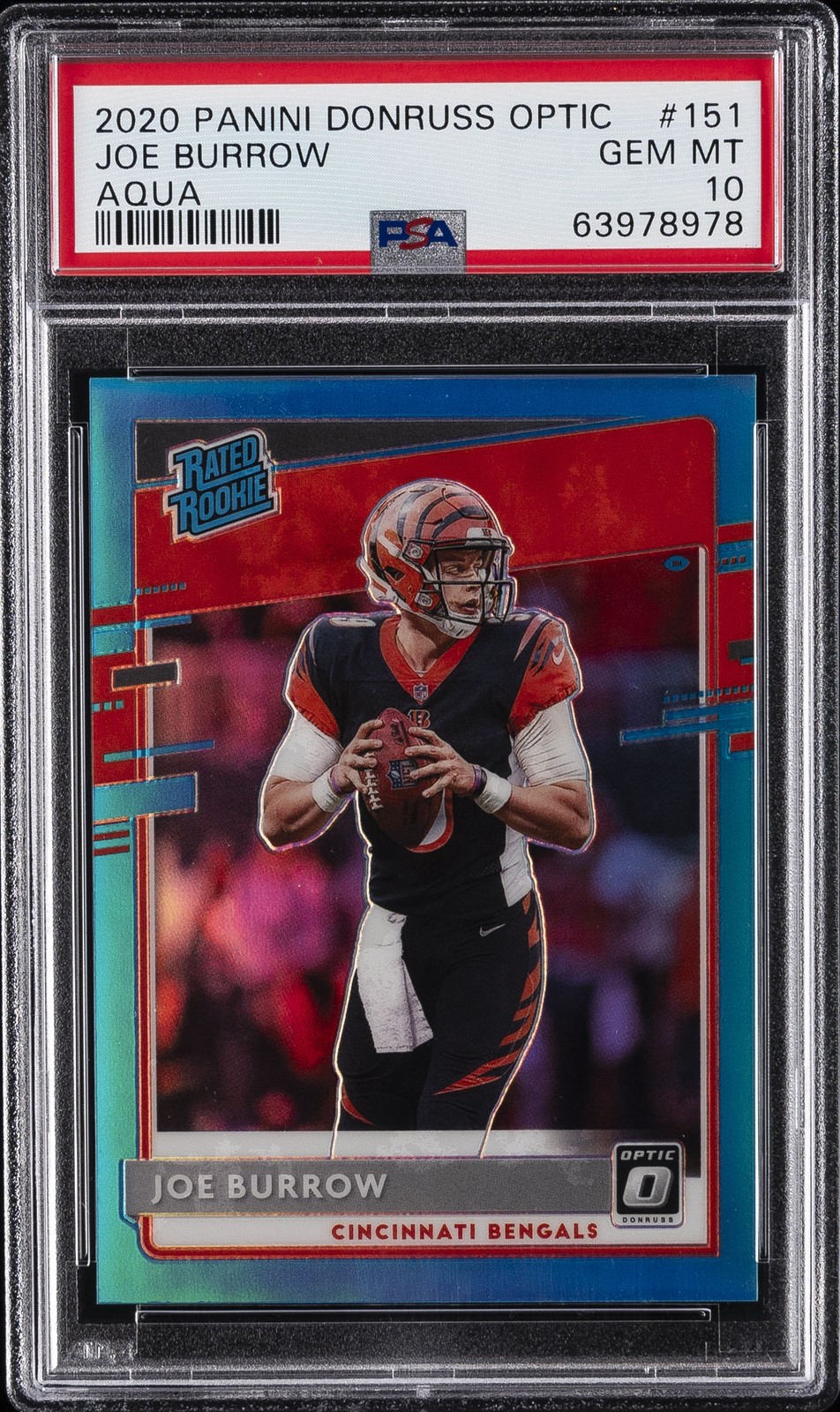 2020 PANINI DONRUSS OPTIC AQUA #151 JOE BURROW ROOKIE RC #/299 PSA 10