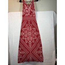 London Times Red White Floral Print Maxi Dress V Neck Sleeveless Boho Size 8