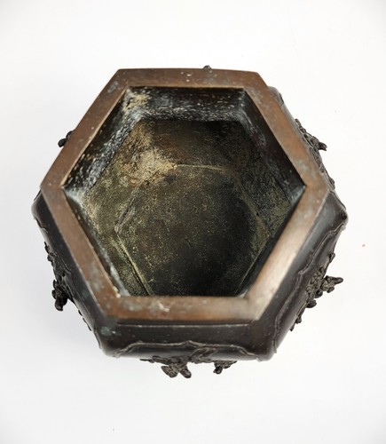 Large 19thC Chinese Bronze Censer, Hexagonal, Fu Lion Finial, Qing Dynasty - Picture 8 of 12