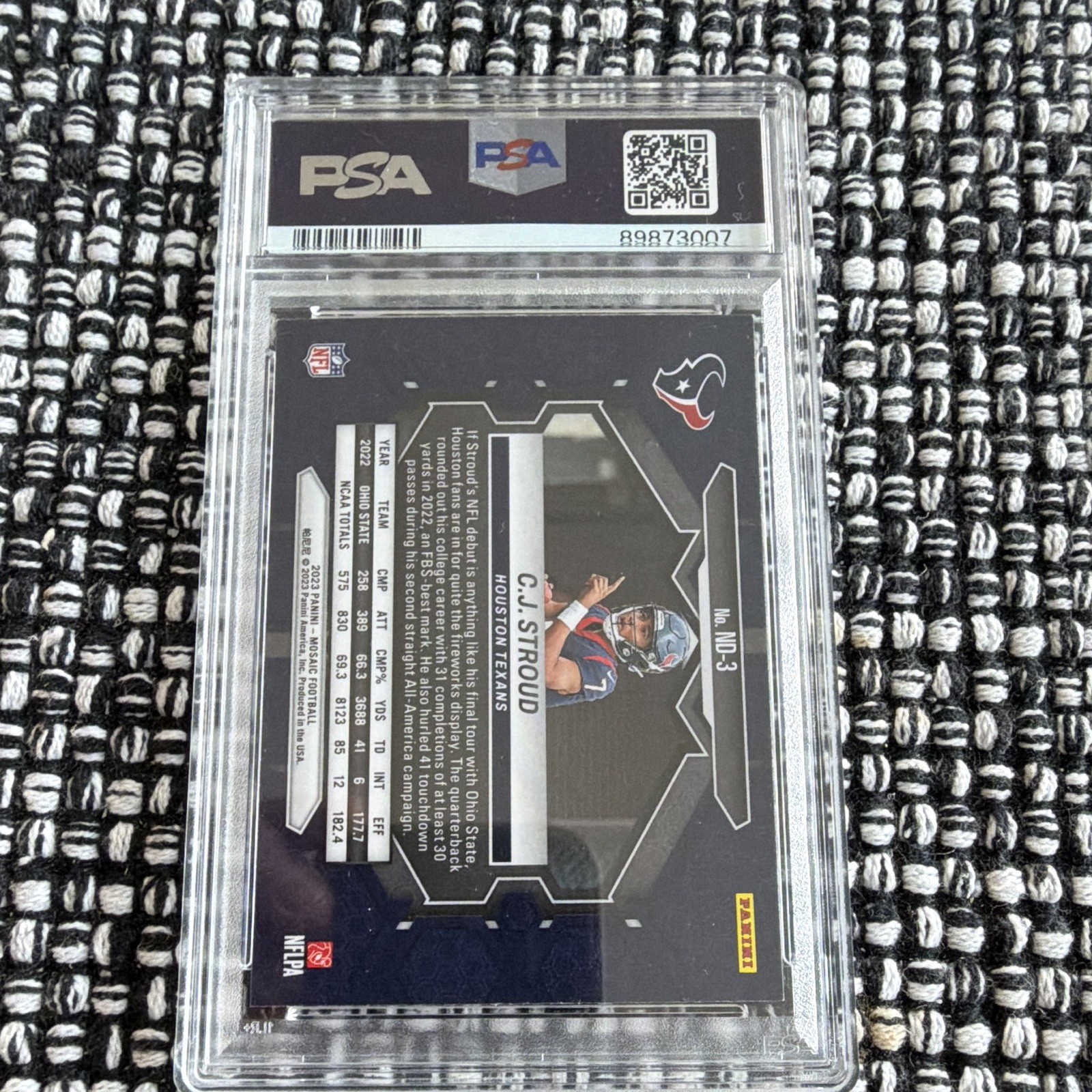 2023 Panini Mosaic NFL Debut - C.J. Stroud #ND-3 Rookie Insert PSA 9 view 2