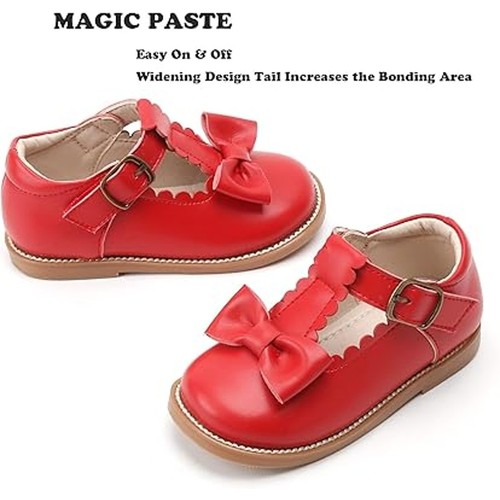 Kiderence Toddler Girls Size 6 Red Bow Faux Leather Hook Loop Mary Jane Shoes - Picture 3 of 6