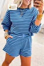Cotton Blue Stripe Drop Shoulder Long Sleeve Pullover Elastic Waist Casual Short
