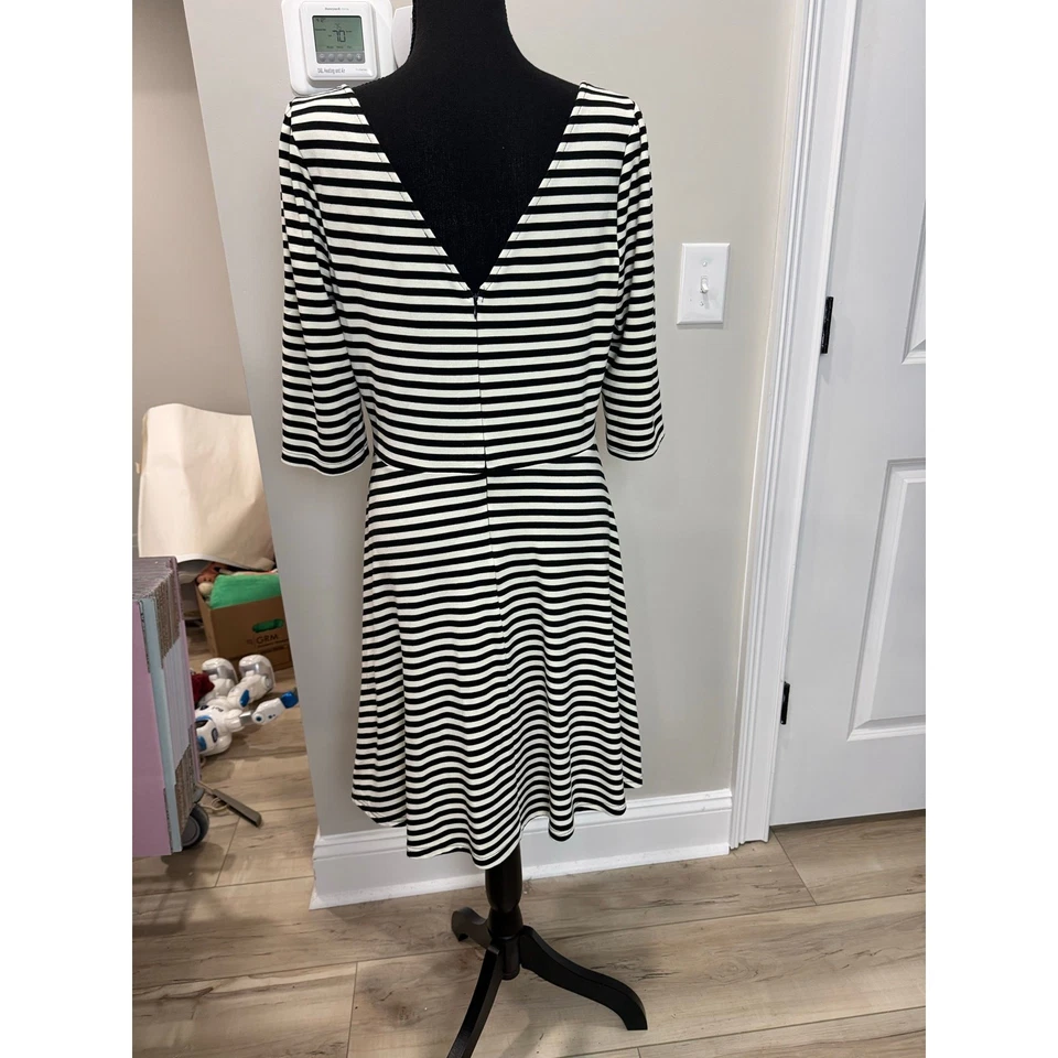 Twee Pixley Kathy Dress Black & Cream Stripes A-Line Fit & Flare V-Back Large - Image 3 of 4