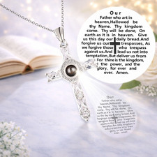 Lords Prayer Cross Necklace Vintage Antique Religious Pendant Silver Tone