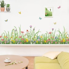Green Grass Floral Wall Corner Stickers Wildflower Butterflies Baseboard Skir...