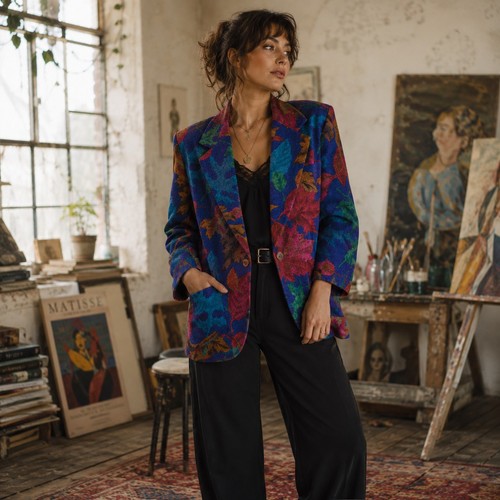 Perry Ellis, VTG 90s Perry Ellis Portfolio Wool Blazer 12 Bold Colorful Leaf Print Italy