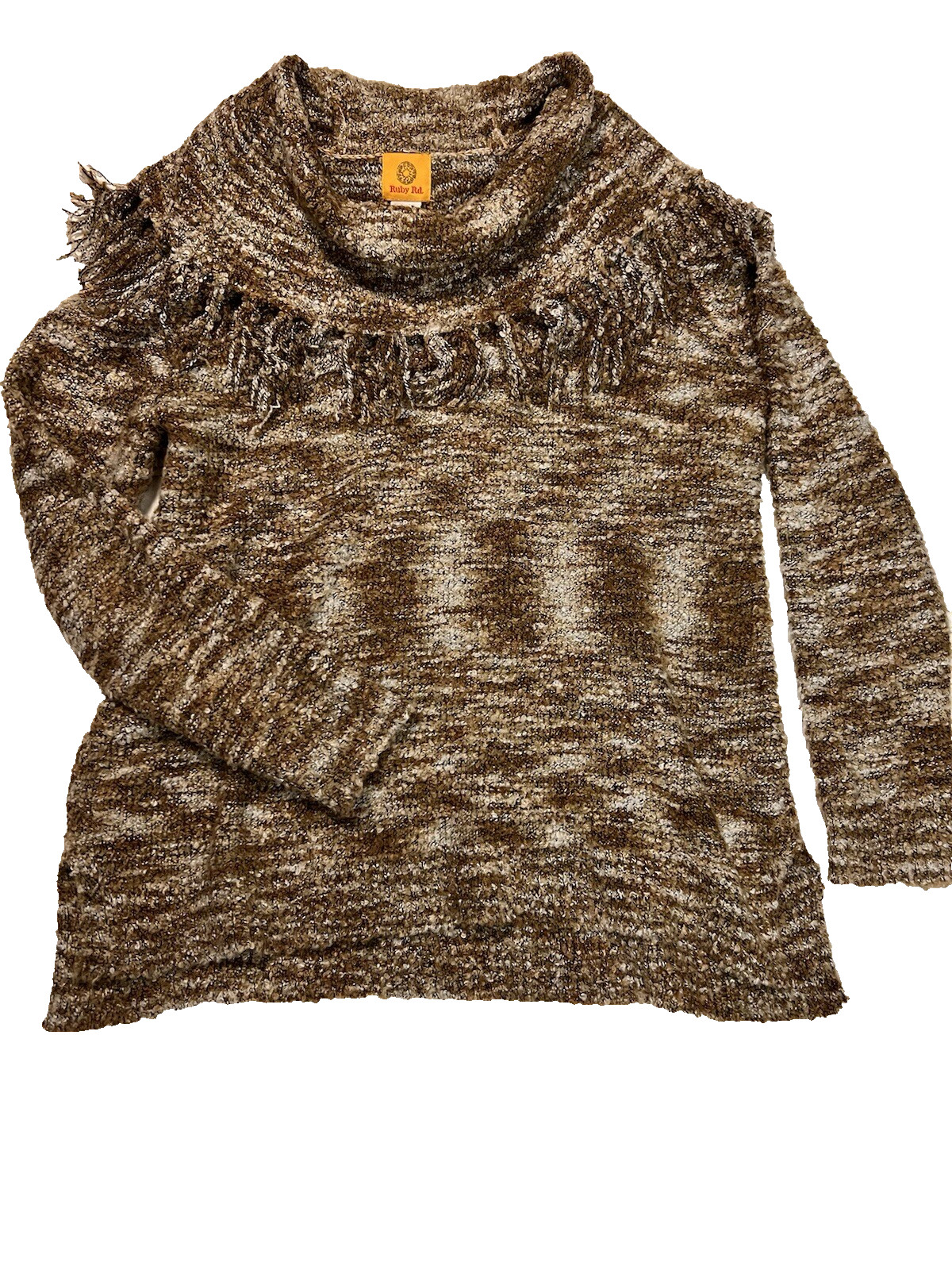 Ruby Rd Womens Sweater Sz L Earth tone Pullover Cowl Neck W/ fringe Long Sleeve