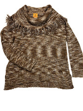 Ruby Rd Womens Sweater Sz L Earth tone Pullover Cowl Neck W/ fringe Long Sleeve