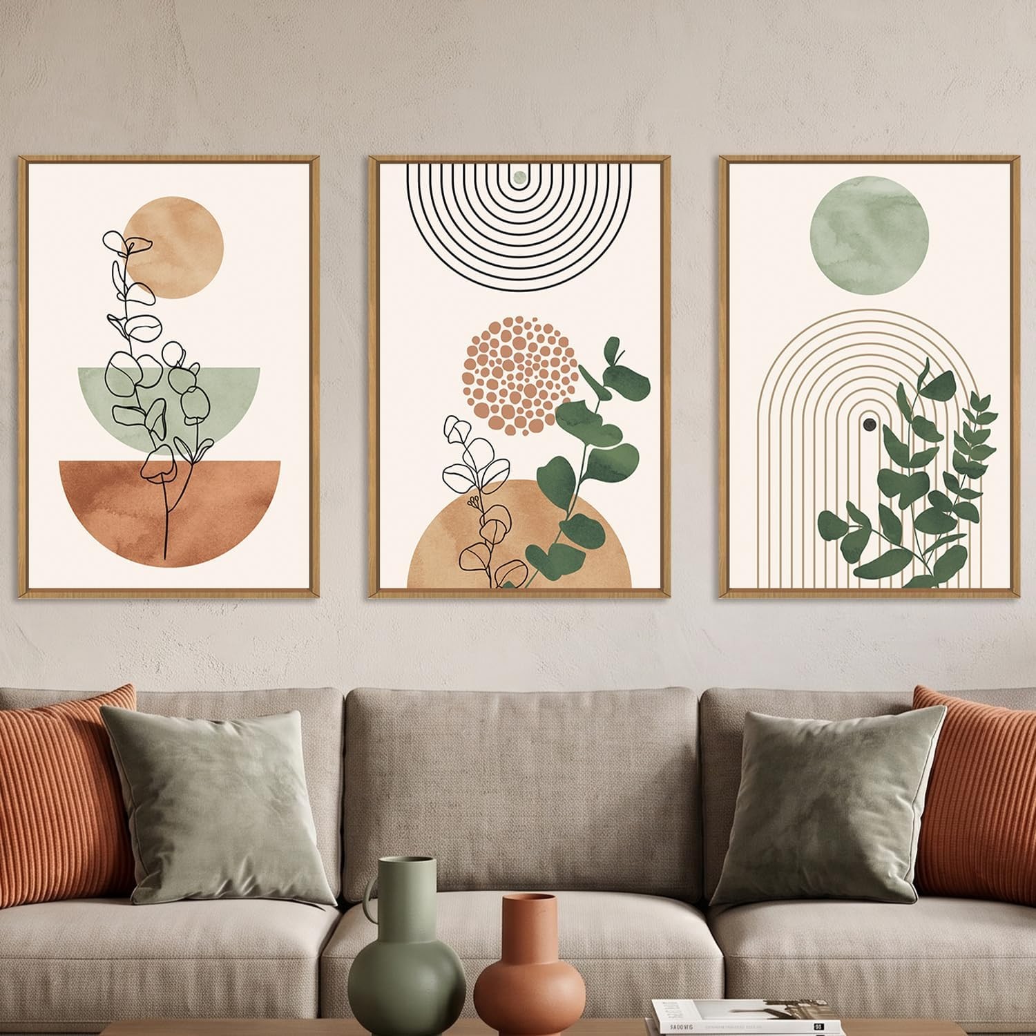 Boho Abstract Terracotta Green Framed Canvas Wall Art Set -16"x24"x3
