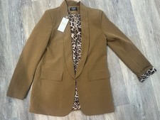ITOO Italy Camel Open Front Blazer Leopard Print Lining Size S NWT