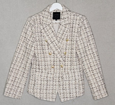Mina Self Jacket Double Breasted Plaid Blazer Nubby Tweed Size Small Gold Button