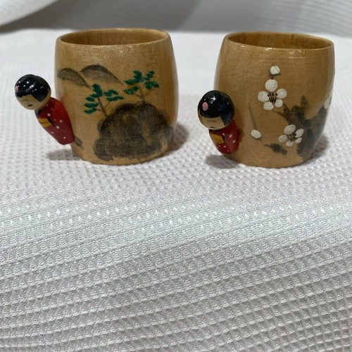 Vintage Hand Painted Wooden Napkin Rings With Kokeshi Set Of Two