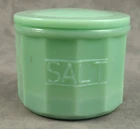 JADEITE GREEN GLASS SALT BOX CANISTER LIdded Jar Container EMBOSSED LETTERS