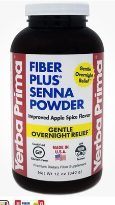Yerba Prima Fiber Plus Senna Powder 12 oz  Gentle Overnight Relief 10/2027 Apple