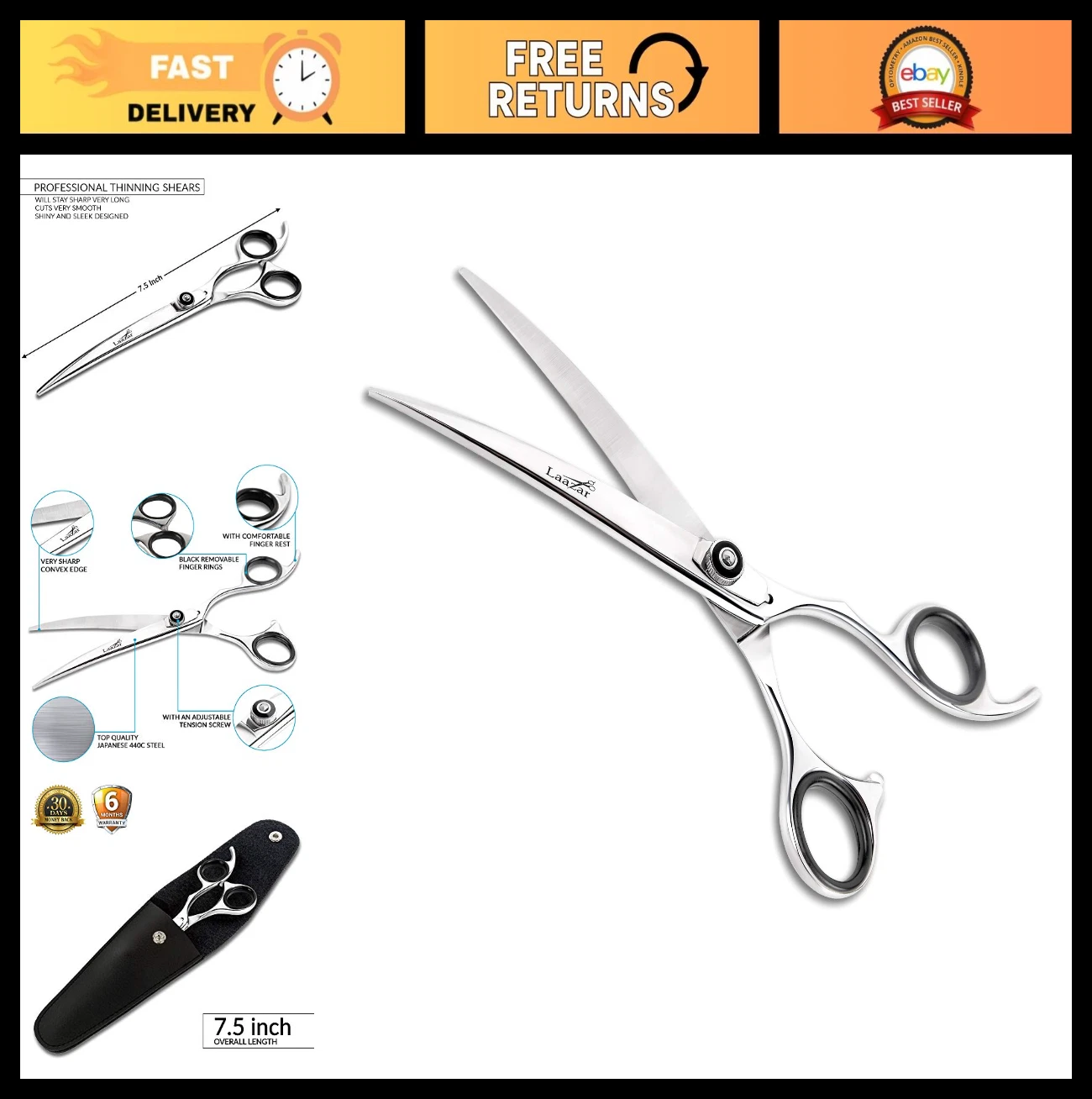 Professional 7.5" Curved Pet Grooming Shears | Adjustable Tension Scissors | 440