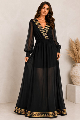 Fashion Nova Clio Border Print Maxi Dress Medium NWT Black Nude Glam Maxi