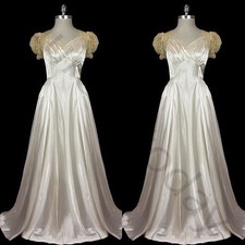 Satin Vintage Wedding Dress Short Sleeve Full Length Ruching Corset Bridal Gown