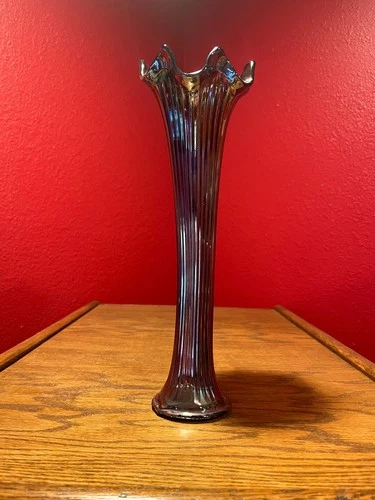 Fenton Carnival Glass Fine Rib Blue Swung Vase; 12 1/2 inches tall; Iridescent!