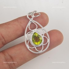 925 Silver Pear Peridot Stone Anniversary Party Wear August Bezel Ethnic Pendant