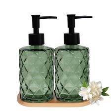 Glass Hand and Dish Soap Dispenser Set of 2 with Plastic Pumps, Bamboo Green