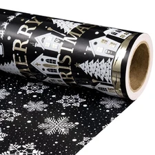 Christmas Reversible Wrapping Paper Roll, Mini Roll, Black Gold Foil Church w...