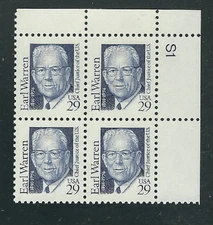 Scott  #2184... 29 Cent... Earl Warren...Plate Block