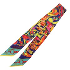 ExcellentConditionHermesTwillyFolkloreSilkOrangeNavyTurquoiseBlueScarf0186UsedHE