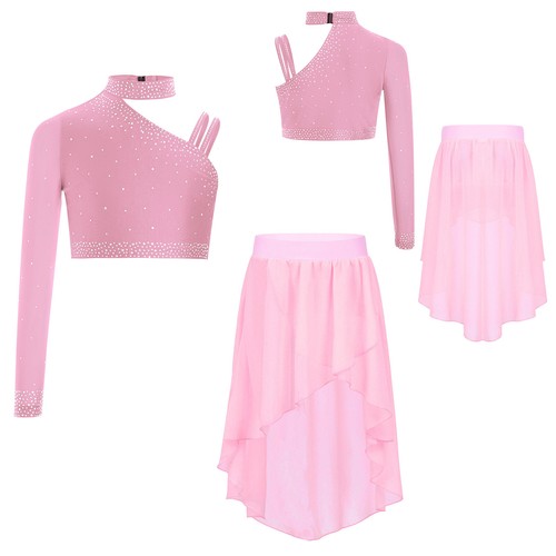 Girls Set Ballet 2 Piece Chiffon Outfits Modern Crop Top With Skirt Mock Neck - Picture 30 of 58