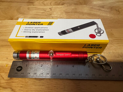 Renegade Laser Green Key Chain USB Charging Laser Pointer In A Red Housing.