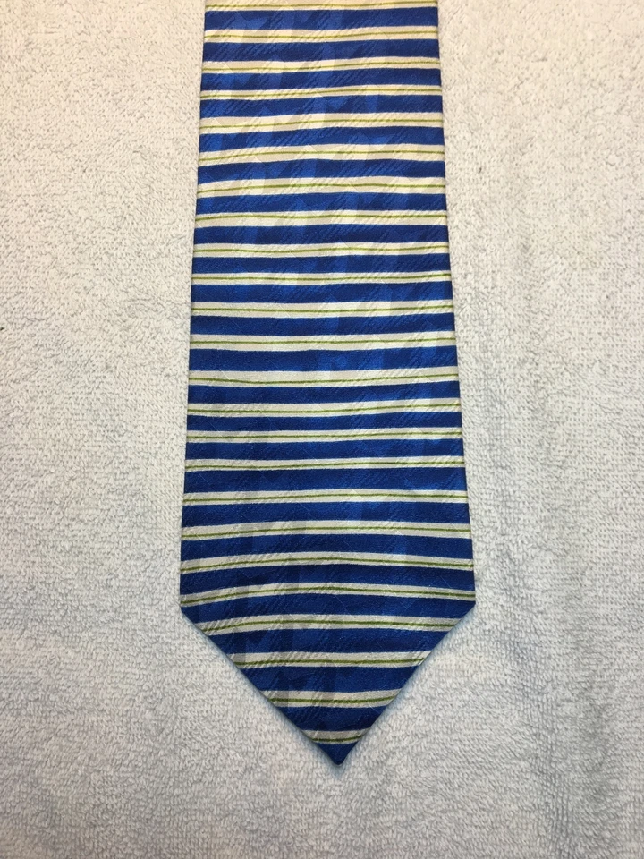 Gravata masculina Perry Ellis 4 x 57 azul com listra branca padrão verde - Imagem 2 de 4