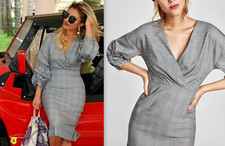  ZARA WOMAN GREY DRESS CHECK PRINT DRAPE SLEEVE V NECK DRESS  ZIP SIZE M NEW