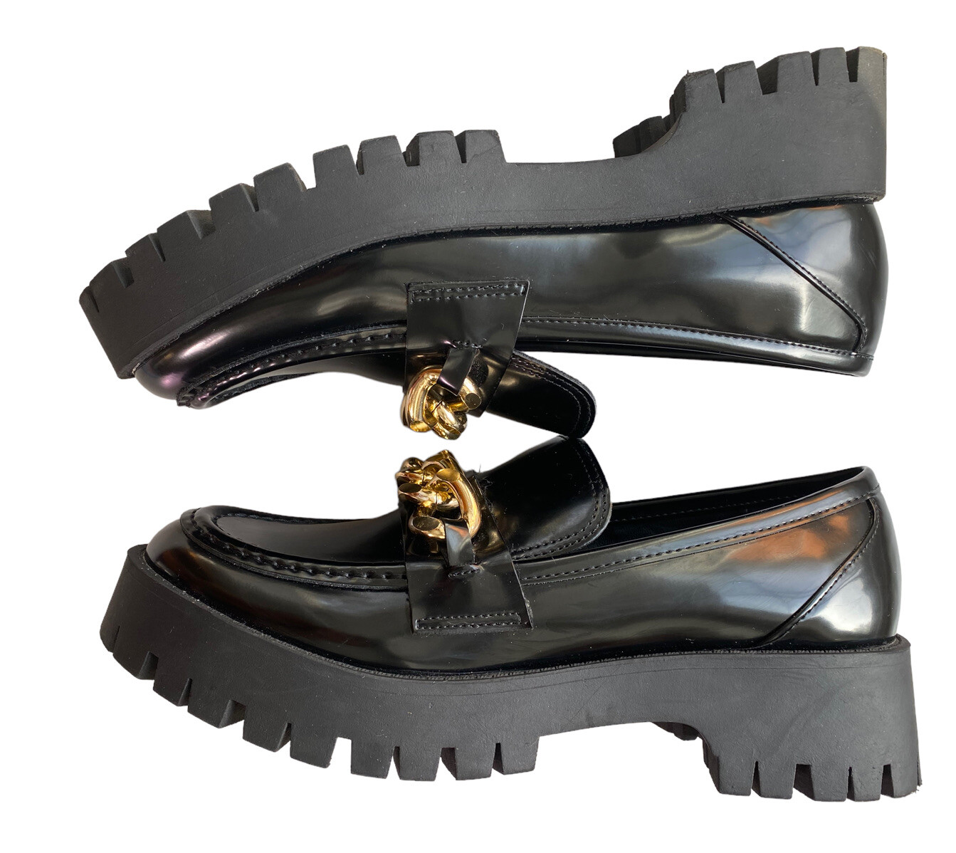 SAOLA Mocassini donna Guess grossi in pelle patten suola a strappo con catena oro taglia 9