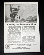 1924 OLD MAGAZINE PRINT AD, AT&T BELL SYSTEM, TELEPHONE LINEMAN KEEPS IT ALIVE!