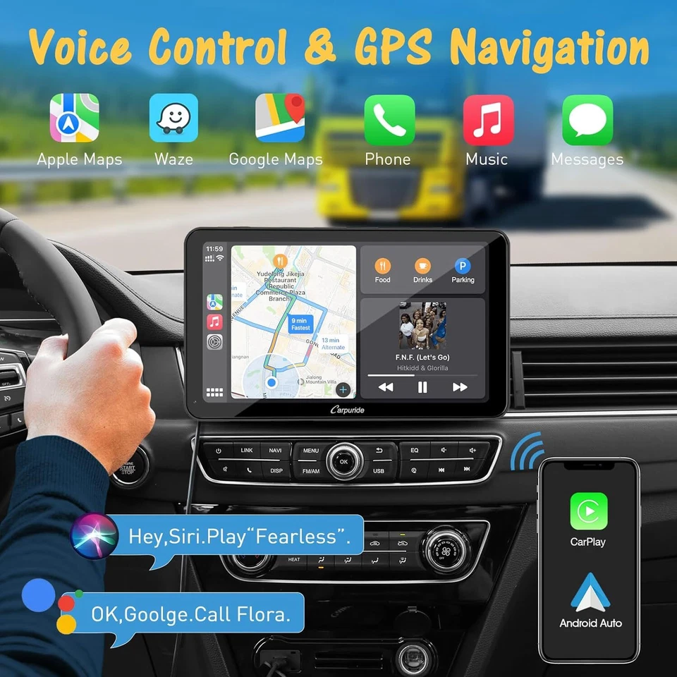 Carpuride Wireless Carplay Android Auto Mirror Link Dual Bluetooth W/Backup Cam  - Image 3 of 4