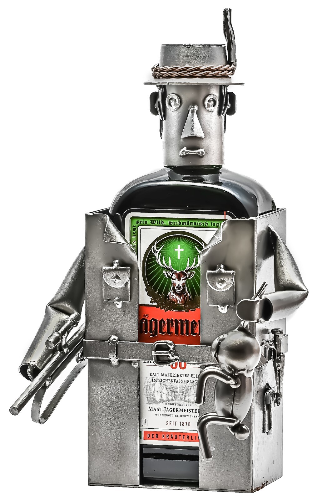 Metall Kunst Flaschenhalter Jäger - Geschenk passend für 0,7 Liter Jägermeister