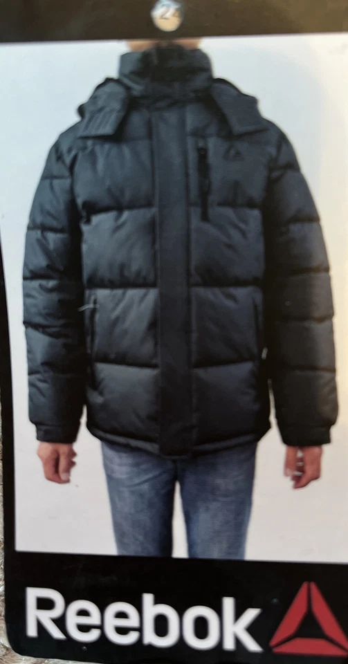 全新带标签男式 Reebok Puffer 连帽夹克颜色黑色 L 码 — 第 4/4 张图片