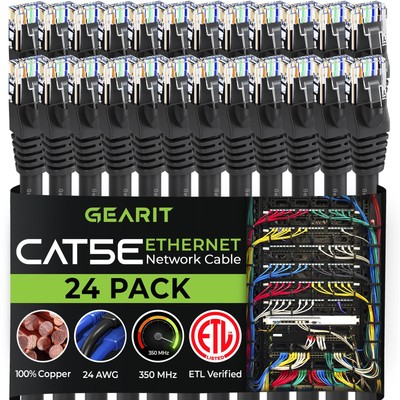 24 Pack Cat5e Patch Cable 3ft Black Snagless RJ45 Network Cord