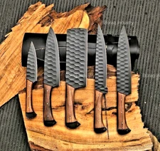 CUSTOM MADE FORGED CARBON STEEL CHEF SET KITCHEN KNIVES WITH LEATHER BAG 2929