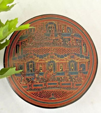 Vintage di Legno Rotondo Portagioie Originale Old Mano Artigianale Etnico