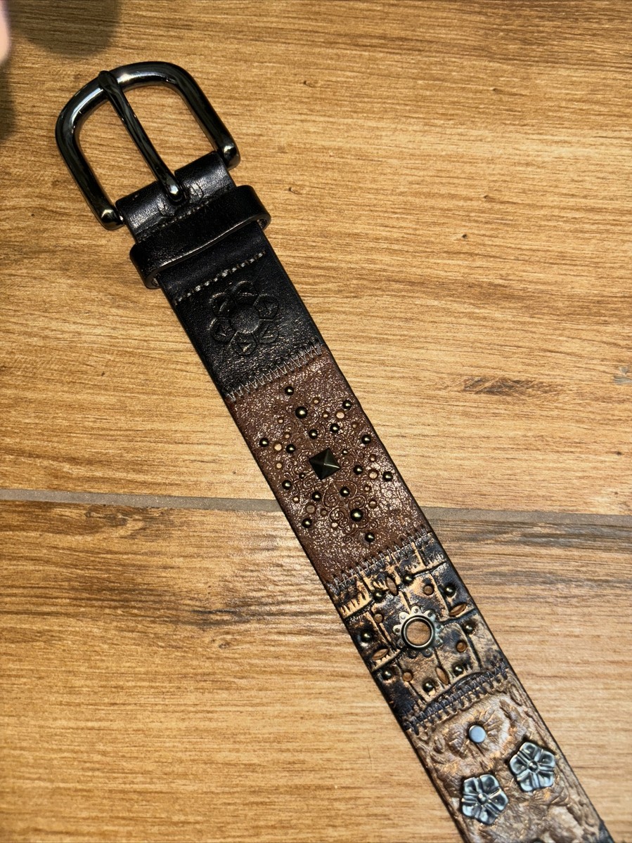 RARE Fossil Leather Boho Western Stud Floral Belt Bronze 