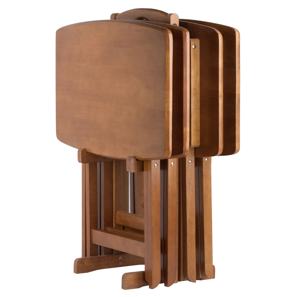 Juego de mesa bandeja madera plegable portátil con acabado de teca de 5 piezas soporte para aperitivos TV cena Foto 2 de 4