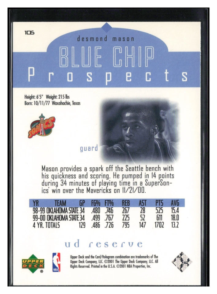 2000-01 UD Reserve #106 Desmond Mason - Image 2 of 2