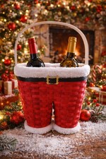 Christmas Santa Pants Red Woven Wine Gift Basket White Handle 2 Bottle Holder  