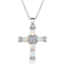 Opal Cross Pendant Necklace Elegant 925 Silver Adjustable Necklace 20in