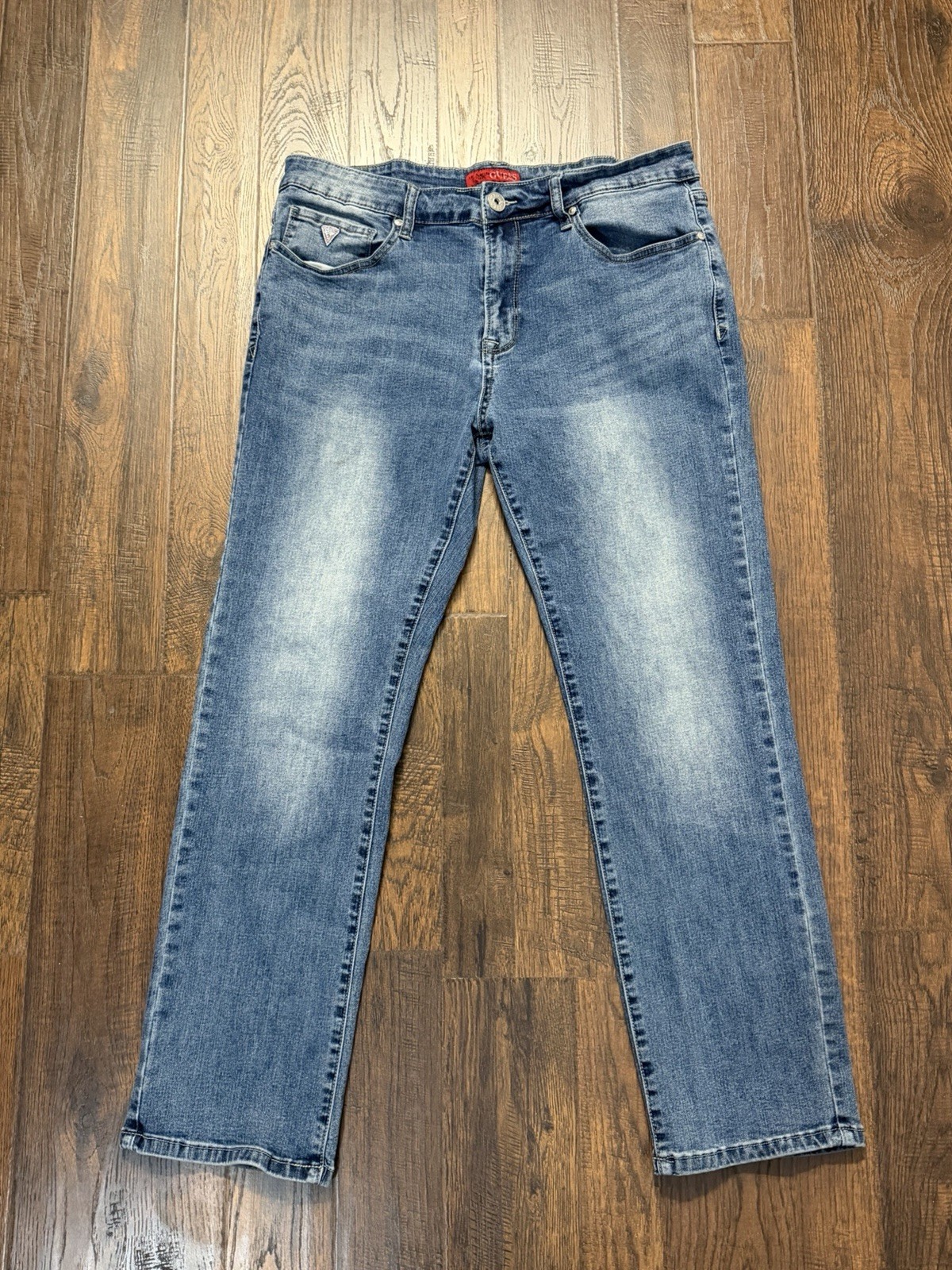Guess Lincoln Slim Straight Jeans Mens 34x28 Denim Designer Medium Wash Faded