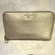 PRADA Saffiano Metal Silver Zip-Around Wallet with Credit Card Slots Women