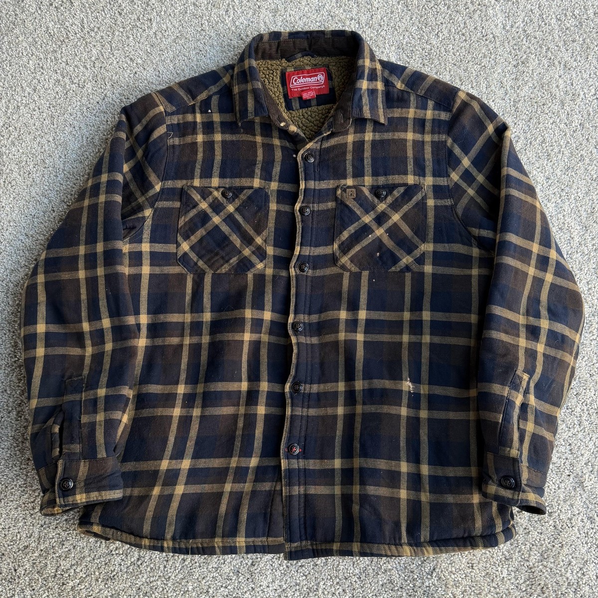 Coleman Shirt Jacket Mens Medium Blue Plaid Flannel Sherpa Lined