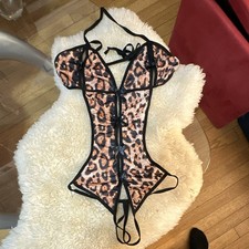 Women's Leopard Print Bow One-Piece Bodysuit Teddy Lingerie L